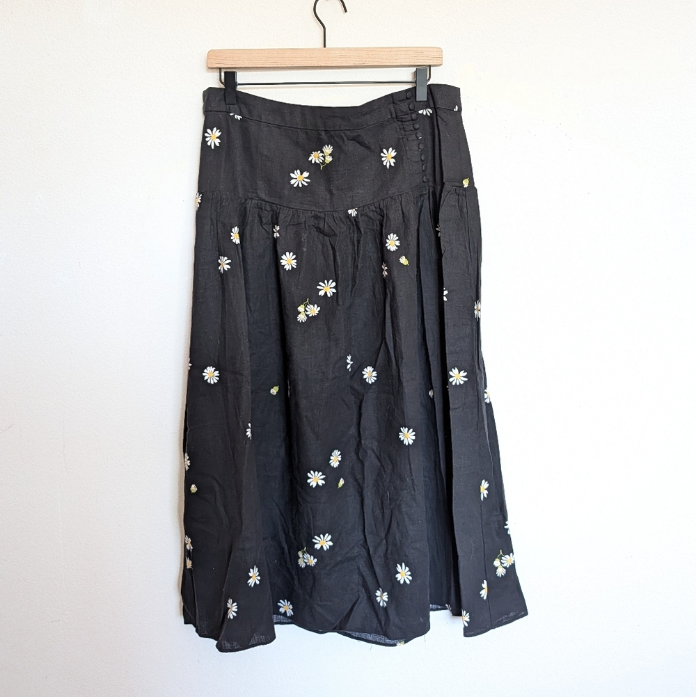 Madewell Linen Blend Button Yoke Midi Skirt Ins Lazy Daisy Size 14 New - Picture 2 of 8